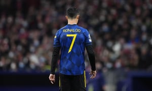 Manchester United's Cristiano Ronaldo during the Champions League, round of 16, first leg soccer match between Atletico Madrid and Manchester United at the Wanda Metropolitano stadium in Madrid, Spain, Wednesday, Feb. 23, 2022. (AP Photo/Manu Fernandez)