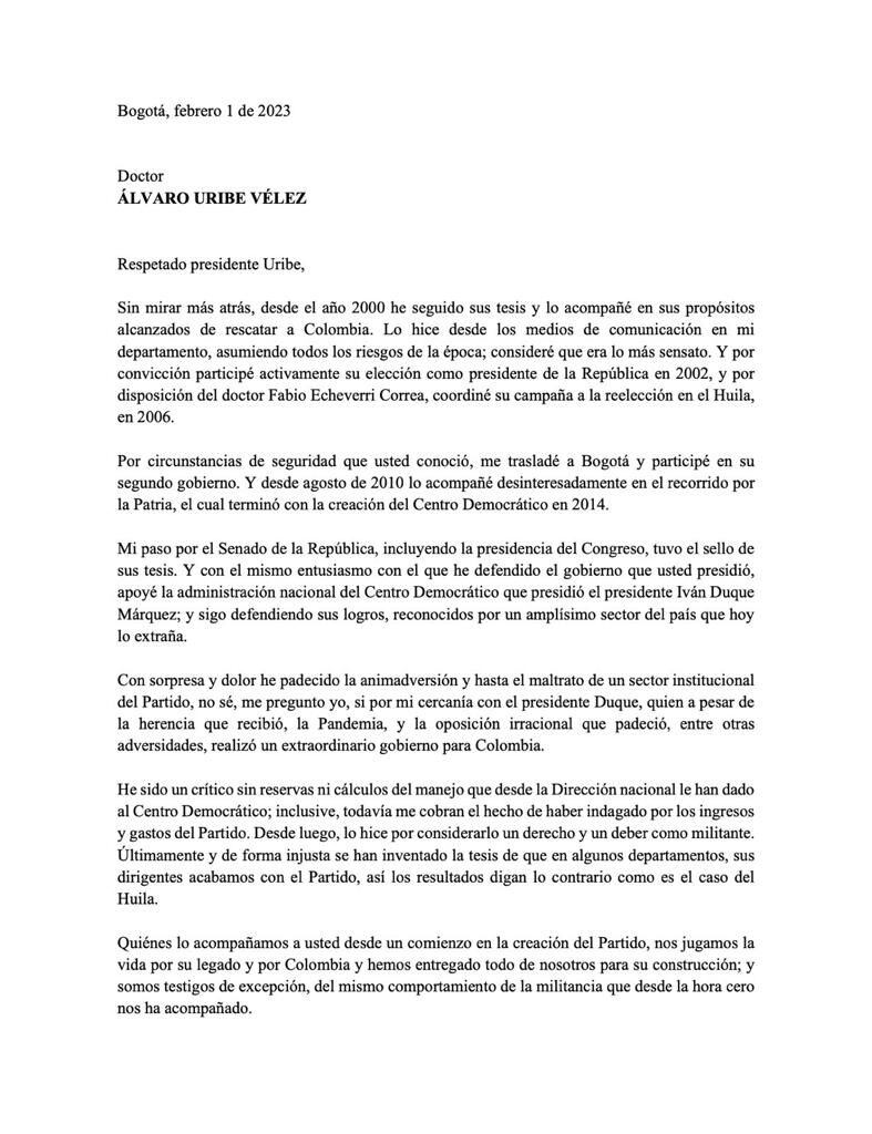 La carta con la que el expresidente del Senado del Centro Democrático, Ernesto Macías, se retira de la institucionalidad del partido.
