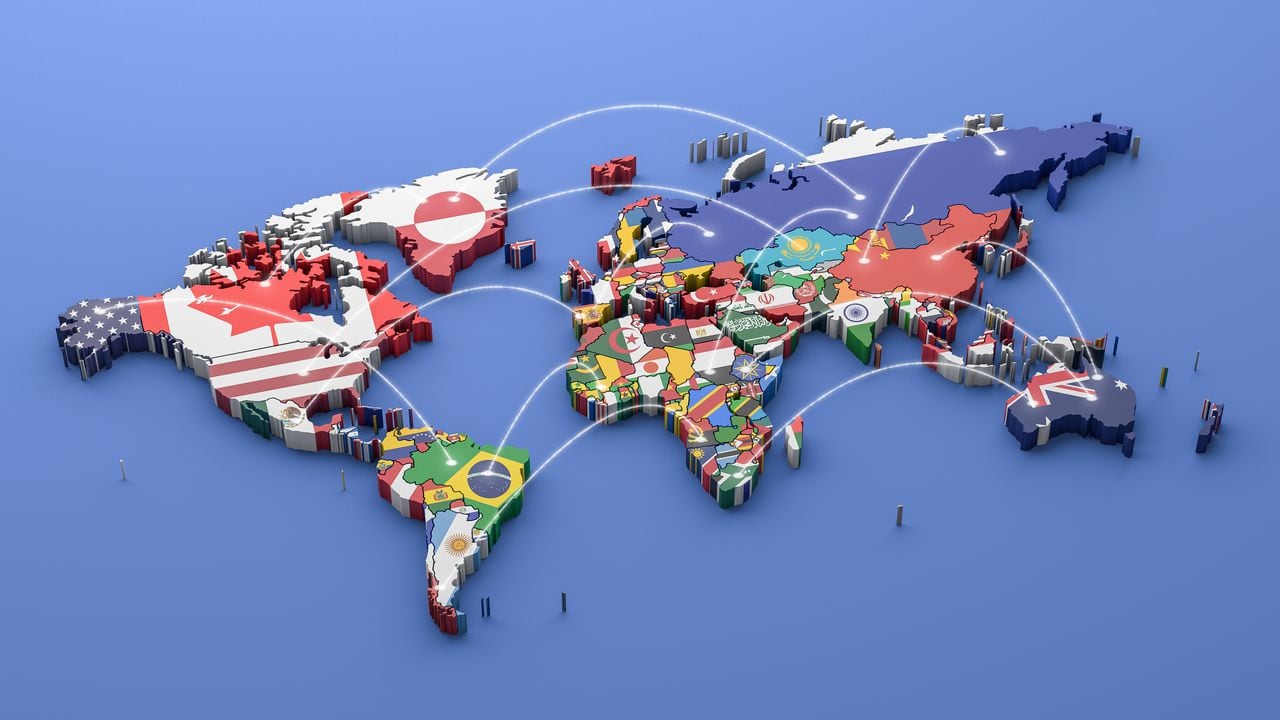 Mapa mundial con todos los estados y sus banderas, render 3d