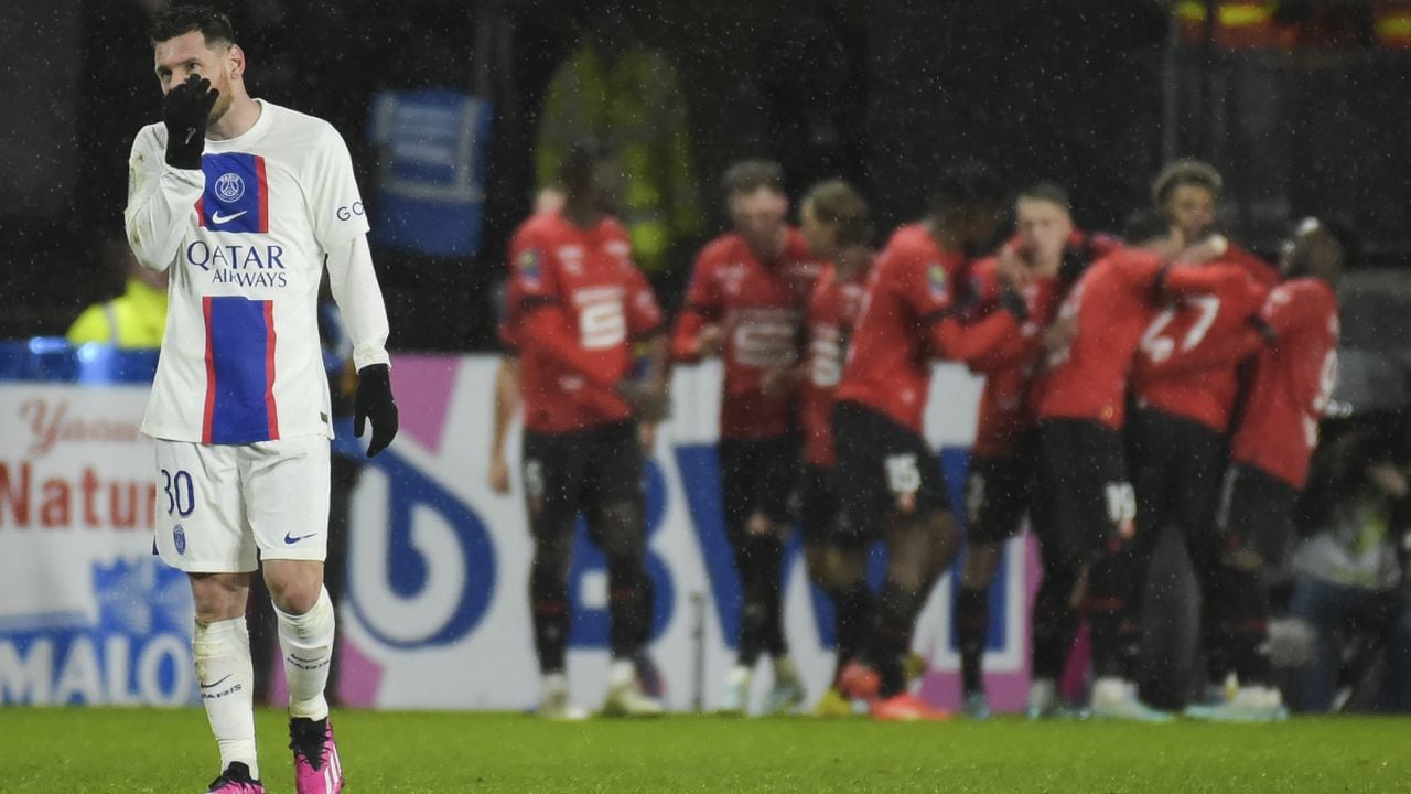 PSG's Lionel Messi reacts after Rennes' Hamari Traore scored his side's opening goal during the League One soccer match Rennes against Paris Saint-Germain at the Roazhon Park stadium Sunday, Jan. 15, 2023 in Rennes, western France. (AP/Mathieu Pattier)