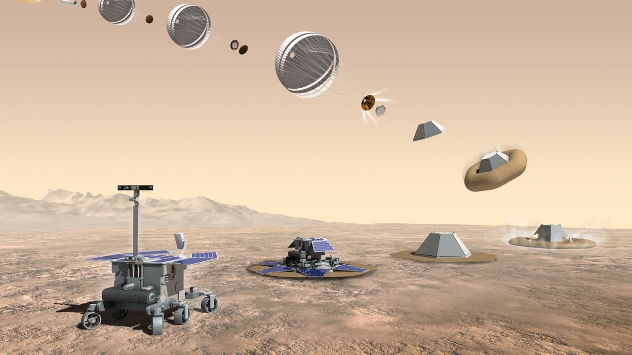 Representación artística del rover robótico Rosalind Franklin, anteriormente conocido como rover ExoMars, aterrizando en Marte, creado el 10 de diciembre de 2015 (Ilustración de Adrian Mann / Future Publishing a través de Getty Images).