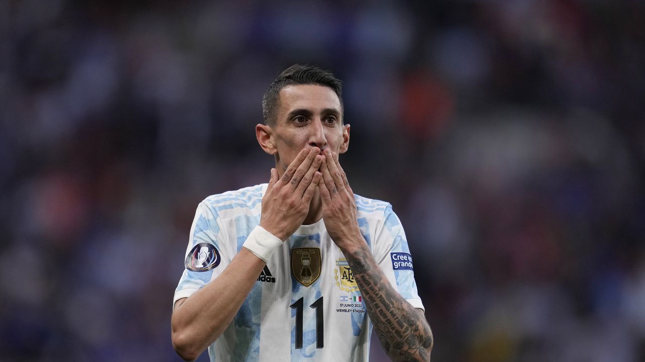 Argentina's Angel Di Maria celebrates after scoring his side's second goal during the Finalissima soccer match between Italy and Argentina at Wembley Stadium in London , Wednesday, June 1, 2022. (AP Photo/Matt Dunham)