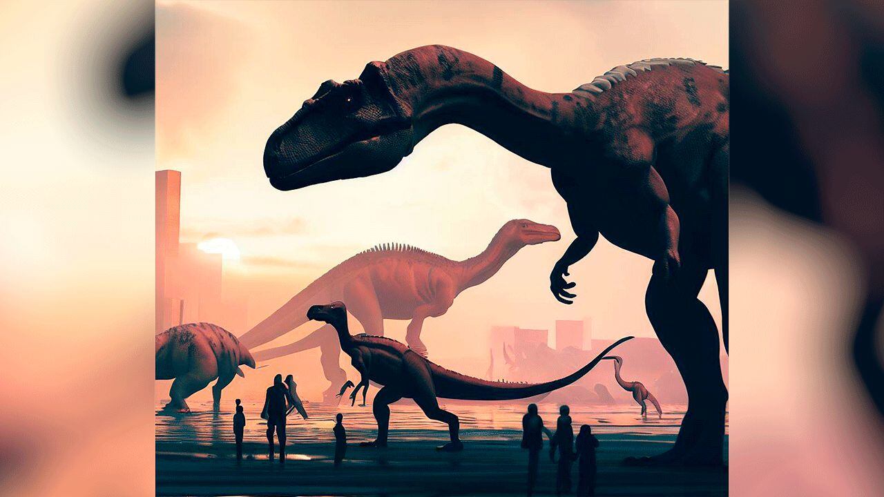 Ilustración creada con IA de dinosaurios conviviendo con humanos en el mundo moderno
