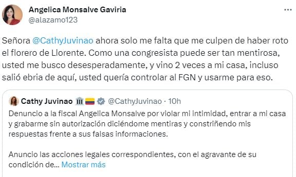 Respuesta de la fiscal Angélica Monsalve a la publicación en X hecha por Cathy Juvinao.