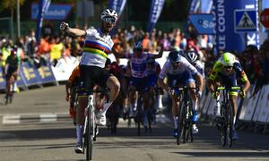 France's Julian Alaphilippe celebrates after winning the second stage of the Basque Country La Vuelta cycling race between Leitza and Viana, 207,9 kms (129.18 mile), in Viana, northern Spain,Tuesday, April 5, 2022. (AP Photo/Alvaro Barrientos)