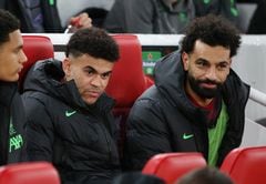 LIVERPOOL, ENGLAND - APRIL 11: Mohamed Salah and Luis Diaz of Liverpool on the substitute bench ahead of the UEFA Europa League 2023/24 Quarter-Final first leg match between Liverpool FC and Atalanta at Anfield on April 11, 2024 in Liverpool, England.(Photo by Crystal Pix/MB Media/Getty Images)
