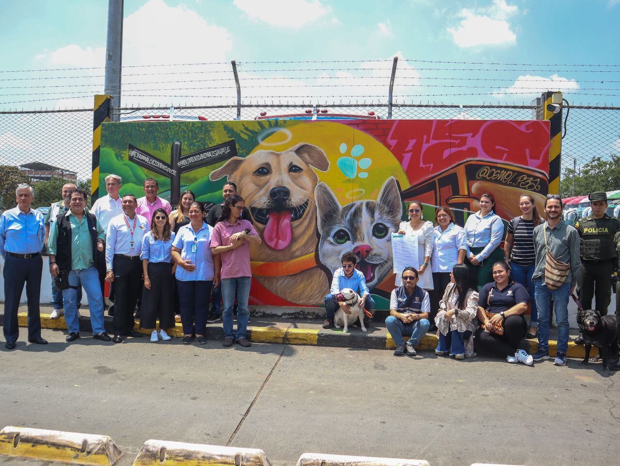 El Terminal de transporte de Cali pintó un mural con las caras de un perro y un gato como parte del compromiso.