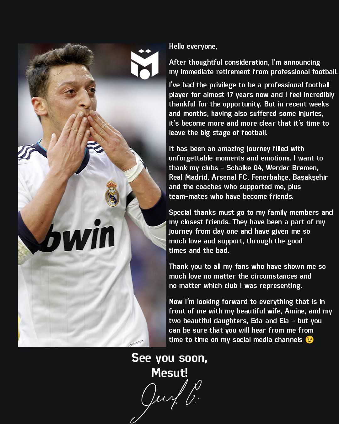 Özil informó con un comunicado su decisión de retirarse del fútbol