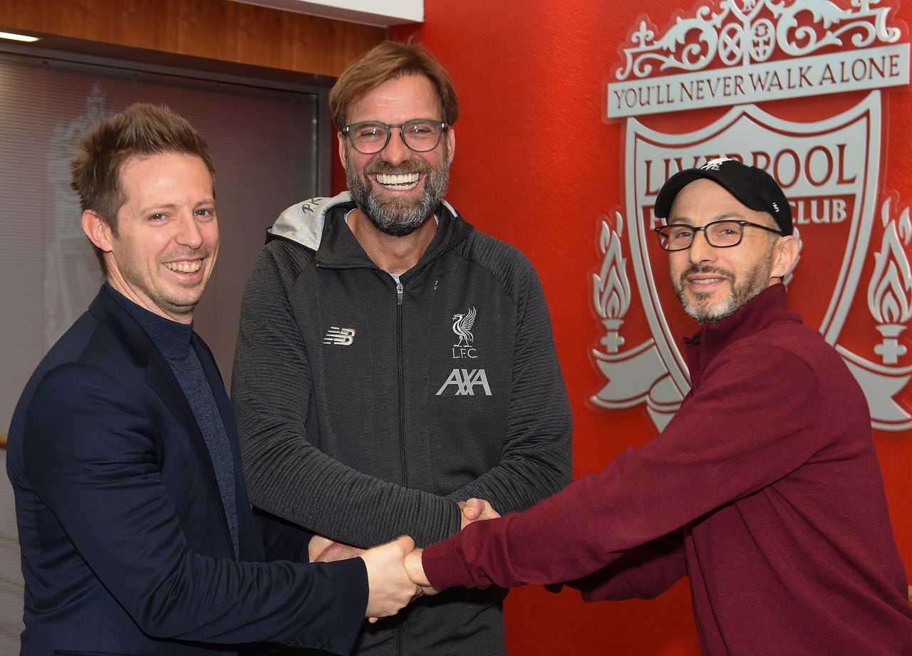 LIVERPOOL, ENGLAND - DECEMBER 13: (THE SUN OUT, THE SUN ON SUNDAY OUT) Jurgen Klopp Signs A Contract Extension and chats with Sporting Director Michael Edwards and Mike Gordon FSG President and Liverpool F.C owner at Melwood Training Ground on December 13, 2019 in Liverpool, England. (Photo by John Powell/Liverpool FC via Getty Images)