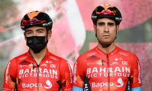 BALATONFURED, HUNGARY - MAY 08: (L-R) Santiago Buitrago Sanchez of Colombia and Mikel Landa Meana of Spain and Team Bahrain Victorious during the team presentation prior to the 105th Giro d'Italia 2022, Stage 3 a 201km stage from Kaposvár to Balatonfüred / #Giro / #WorldTour / on May 08, 2022 in Balatonfured, Hungary. (Photo by Stuart Franklin/Getty Images)