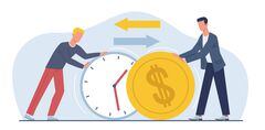 Exchanging time and effort for money and getting paid for work. Men hold huge clock and cold coin. Cost of hour metaphor. Working minutes. Cartoon flat style isolated illustration. Vector concept