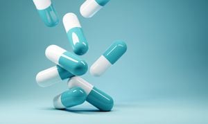 Un grupo de cápsulas de pastillas antibióticas cayendo. Fondo de ilustración 3D de atención médica y médica.