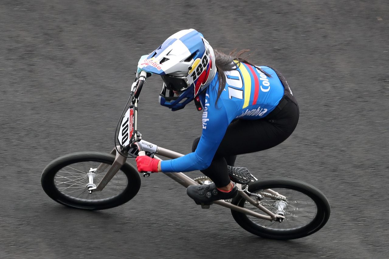 SANTIAGO, CHILE - OCTOBER 21: Mariana Pajon  of Colombia competes in Women's BMX Racing qualifiers at Centro de Entrenamiento Olimpico on Day 1 of Santiago 2023 Pan Am games during on October 21, 2023 in Santiago, Chile. (Photo by Claudio Santana/Getty Images)