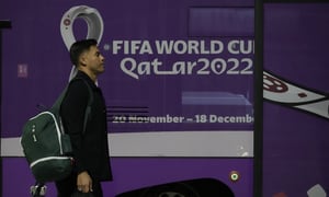 A member of the Mexico national soccer team arrives at Hamad International airport in Doha, Qatar, Friday, Nov. 18, 2022 ahead of the upcoming World Cup. Mexico will play the first match in the World Cup against Poland on Nov. 22. (AP Photo/Hassan Ammar)