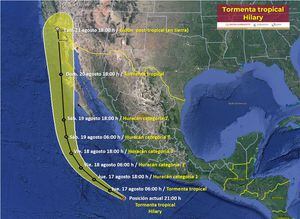 La tormenta se movía al oeste-noroeste a 24 km/h (15 mph). Sin embargo, se pronostica que virará hacia el norte en los próximos días y adquirirá fuerza de huracán para después rozar Baja California Norte, cerca de la frontera de México con Estados Unidos, como tormenta tropical. Foto: SNM México