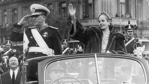 Argentine President Juan Peron salutes, and his wife, Eva, waves during a procession through the streets of Buenos Aires after Peron took the oath of office for his new term.