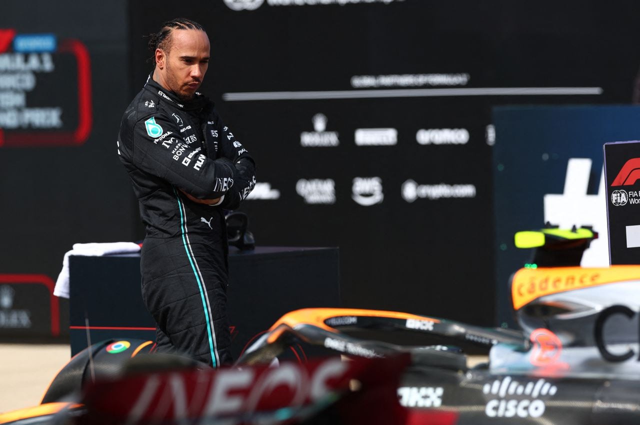 Formula One F1 - British Grand Prix - Silverstone Circuit, Silverstone, Britain - July 9, 2023 Mercedes' Lewis Hamilton looks on after finishing third place in the British Grand Prix REUTERS/Andrew Boyers