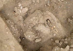 Los restos encontrados pertenecerían a un cementerio de la época de la colonia. (Photo by Cris BOURONCLE / AFP)