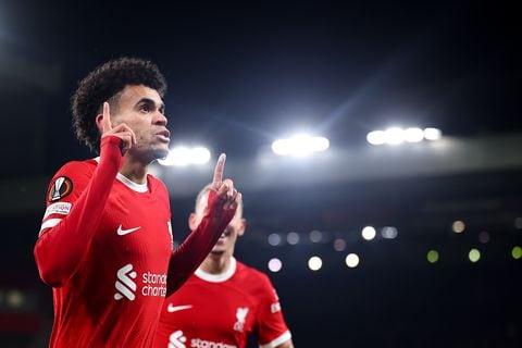 LIVERPOOL, ENGLAND - NOVEMBER 30: Luis Diaz of Liverpool celebrates after scoring a goal to make it 1-0 during the UEFA Europa League Group E fixture between Liverpool and LASK at Anfield on November 30, 2023 in Liverpool, England. (Photo by Robbie Jay Barratt - AMA/Getty Images)