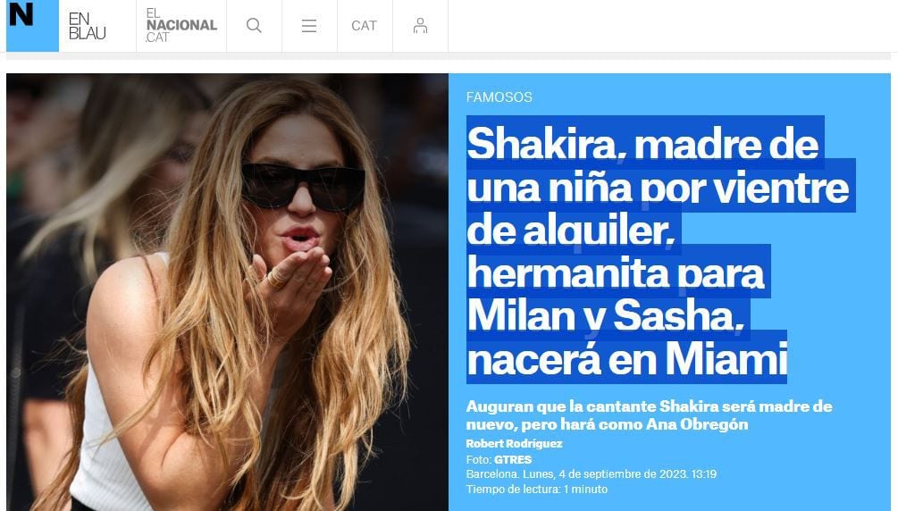 El Nacional de Cataluña indicó que Shakira "será madre" otra vez