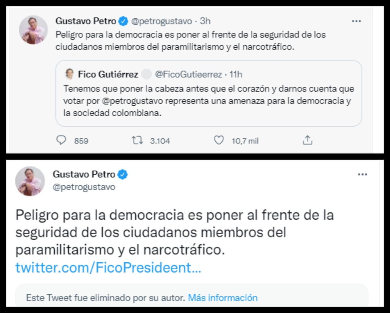 Gustavo Petro respondió en Twitter a una publicación hecha por un perfil falso de Federico Gutiérrez. El trino fue eliminado.