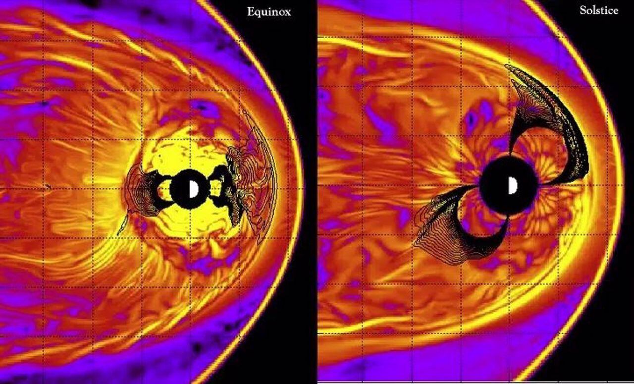 Cuando el viento solar golpea la magnetosfera, crea ondas rompientes conocidas por los científicos como ondas de Kelvin-Helmholtz.