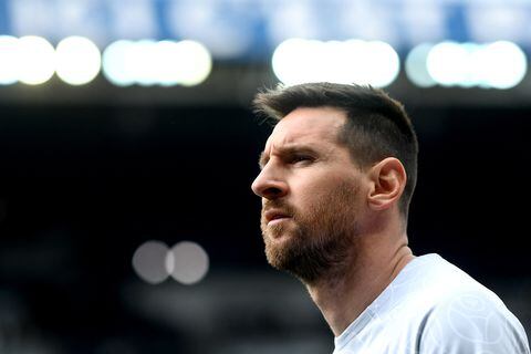 Paris Saint-Germain's Argentine forward Lionel Messi looks on as he warms up prior to the French L1 football match between Paris Saint-Germain (PSG) and FC Lorient at The Parc des Princes Stadium in Paris on April 30, 2023. (Photo by FRANCK FIFE / AFP)