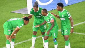 BOGOTA, COLOMBIA - JANUARY 29: Players of Nacional celebrate their second goal during a match between Millonarios and Atletico Nacional a spart Liga BetPlay at Estadio El Campin on January 29, 2022 in Bogota, Colombia. (Photo by VIEW press/Corbis via Getty Images)