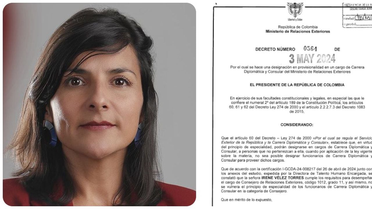 La exministra Irene Vélez y el decreto de su nombramiento.
