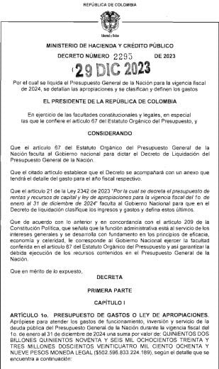 Este es el decreto firmado por el ministro de Hacienda, Ricardo Bonilla, por el que llamarán al ministro a debate de control político.