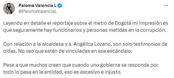 Paloma Valencia habló sobre el posible caso de corrupción en el Metro de Bogotá.