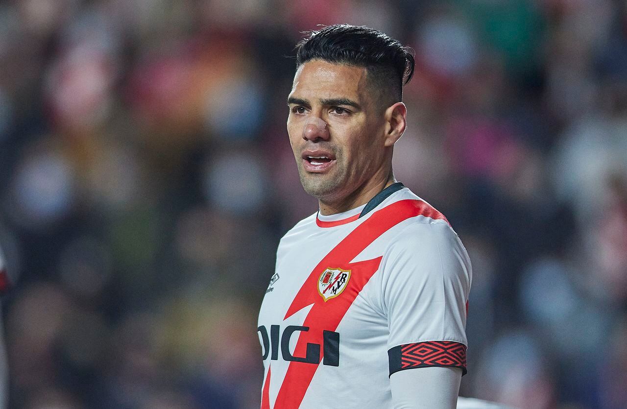MADRID, SPAIN - JANUARY 23: Radamael Falcao of Rayo Vallecano looks on during the LaLiga Santander match between Rayo Vallecano and Athletic Club at Campo de Futbol de Vallecas on January 23, 2022 in Madrid, Spain. (Photo by Berengui/DeFodi Images via Getty Images)