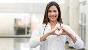 Médico cardiólogo latinoamericano en el hospital sonriendo y formando un corazón con sus manos - salud y medicina