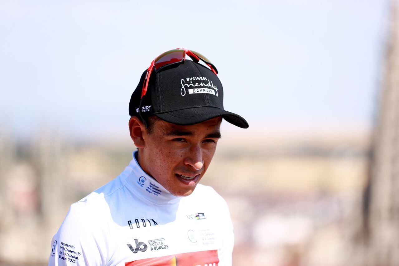 BURGOS, SPAIN - AUGUST 02: Santiago Buitrago Sanchez of Colombia and Team Bahrain Victorious celebrates winning the White Best Young Jerseyon the podium ceremony after the 44th Vuelta a Burgos 2022- Stage 1 a 157km stage from Catedral de Burgos to Mirador del Castillo, Burgos / #VueltaBurgos / on August 02, 2022 in Burgos, Spain. (Photo by Gonzalo Arroyo Moreno/Getty Images)