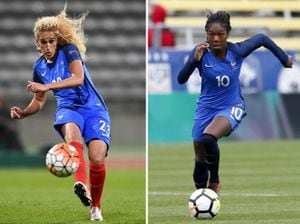 (COMBO/FILES) This combination of file photographs created on November 10, 2021, shows (L) France's midfielder Kheira Hamraoui as she kicks the ball during the women's Euro 2017 qualifying football match between France and Albania at The Charlety Stadium in Paris on September 20, 2016 and (R) France's midfielder Aminata Diallo as she runs with the ball during a 'SheBelieves Cup' football match between France and England at The Mapfre Stadium in Columbus, Ohio on March 1, 2018. - Paris Saint-Germain women's footballer Aminata Diallo was detained by police on November 10, 2021, in connection with a vicious street assault on a teammate and fellow French national player last week, her club said. (Photo by Franck FIFE and Paul VERNON / AFP)