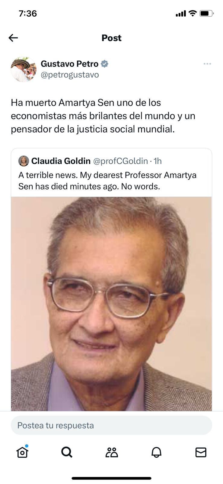 El presidente Gustavo Petro cayó nuevamente en las noticias falsas; esta vez reposteó sobre la supuesta muerte del Premio Nobel de Economía Amartya Kumar Sen.