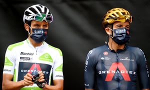 VELEFIQUE, SPAIN - AUGUST 22: Egan Arley Bernal Gomez of Colombia white best young jersey and Richard Carapaz of Ecuador and Team INEOS Grenadiers during the team presentation prior to the 76th Tour of Spain 2021, Stage 9 a 188 km stage from Puerto Lumbreras to Alto de Velefique 1800m / @lavuelta / #LaVuelta21 / on August 22, 2021 in Velefique, Spain. (Photo by Stuart Franklin/Getty Images)