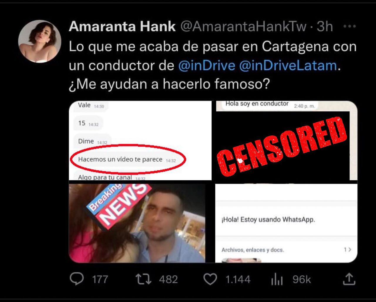 En la imagen se puede ver varias capturas de pantalla publicada por la joven. 
Una de ellas está censurada, debido a que se trataría del miembro del conductor.