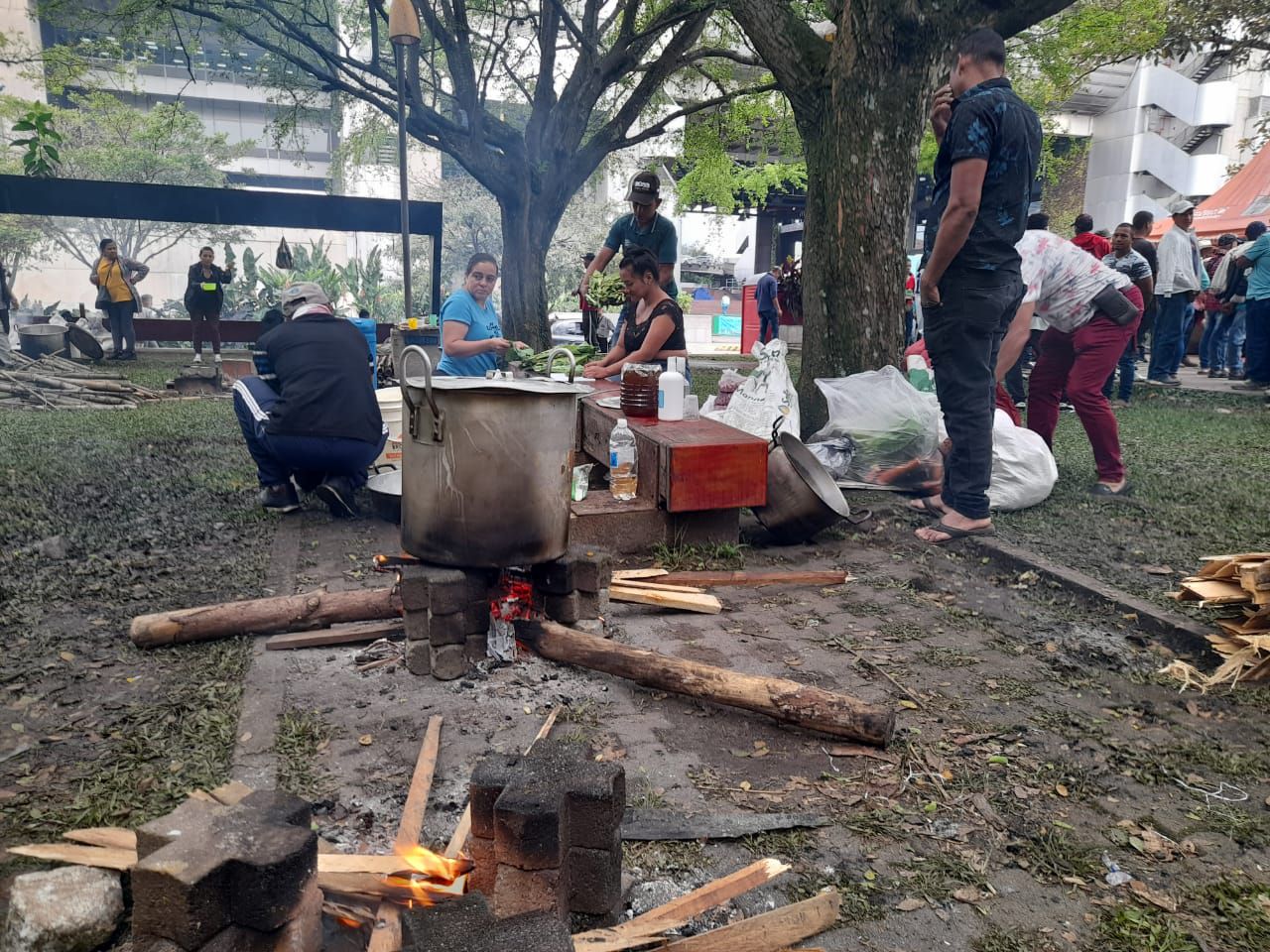 Campamento de Ríos Vivos en el parque de los pies descalzos, en Medellín.