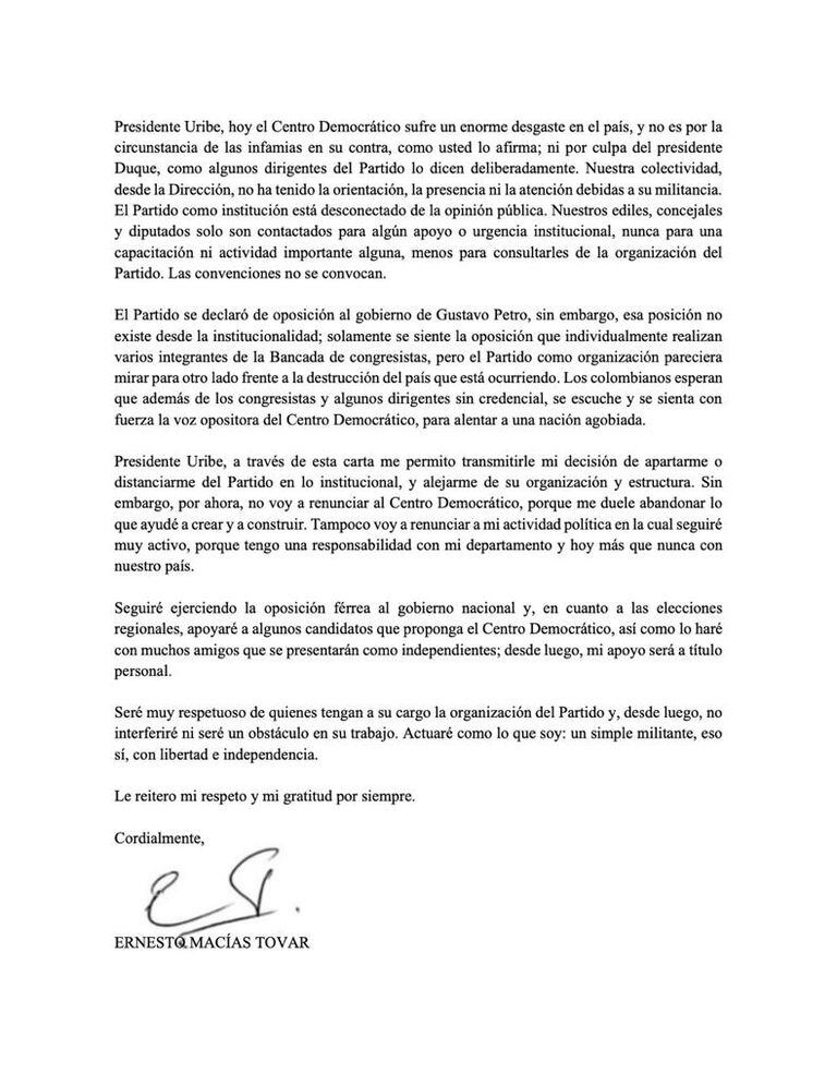 La carta con la que el expresidente del Senado del Centro Democrático, Ernesto Macías, se retira de la institucionalidad del partido.