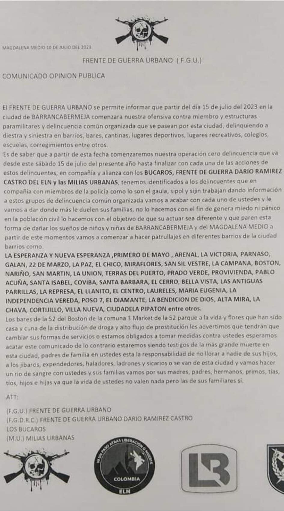 Circula panfleto amenazante en Barrancabermeja.