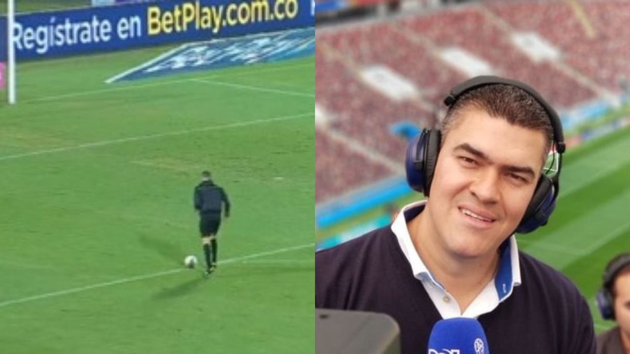 Eduardo Luis López narró por primera vez el gol de un árbitro de fútbol. Foto 1: Captura WinSportsTV Foto 2: Twitter @EduardoLuisFut