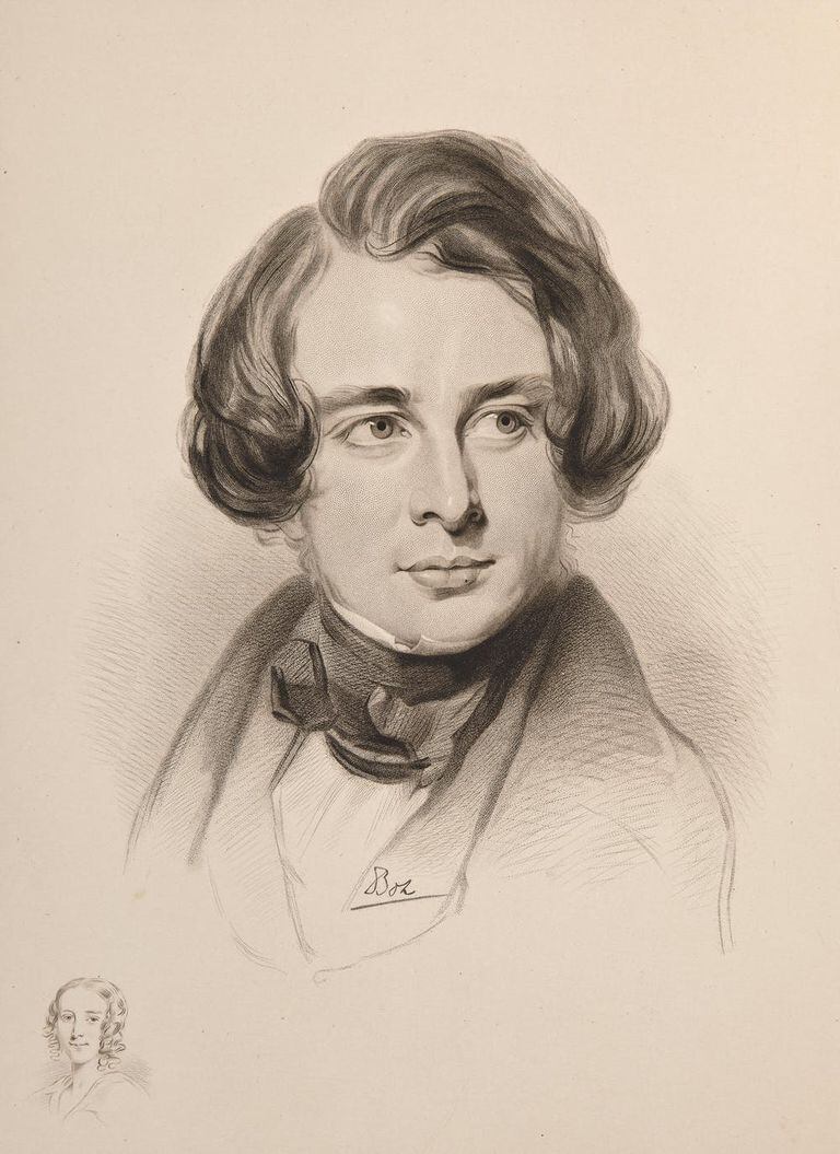 Bosquejo de Dickens en 1842. Abajo a la izquierda, retrato de su hermana Fanny. Autor desconocido