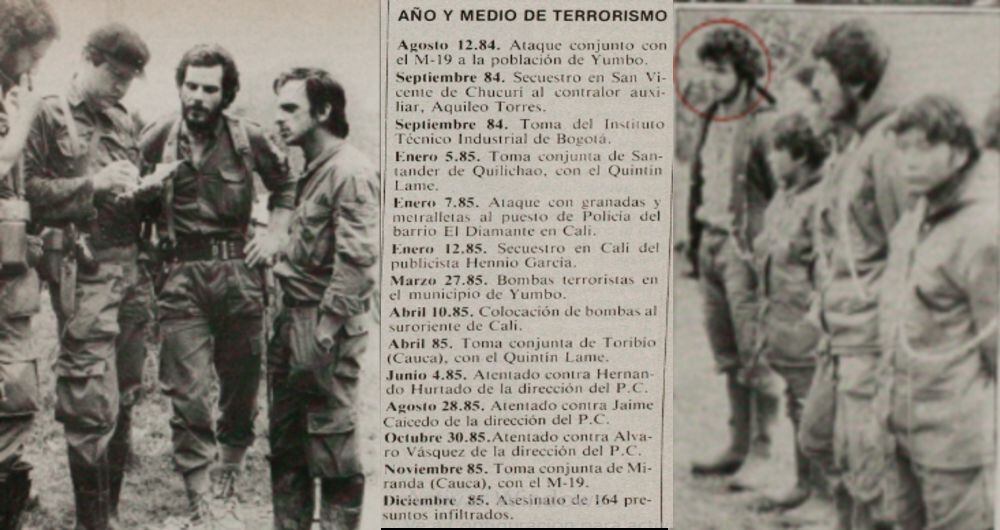 En la fotografía de la izquierda se ve a Hernando Pizarro y Javier Delgado, por el comando Ricardo Franco, y Carlos Pizarro y Álvaro Fayad, por em M19. En el centro se enumeran los actos que habían cometido, previo a la entrevista, los insurgentes del Ricardo Franco y en la derecha están más de sus hombres acusados de espionaje.