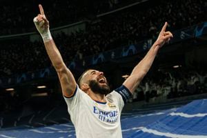 MADRID, SPAIN - MARCH 09: Karim Benzema of Real Madrid CF celebrates his goal during the UEFA Champions League Round Of Sixteen Leg Two match between Real Madrid and Paris Saint-Germain at Estadio Santiago Bernabeu on March 9, 2022 in Madrid, Spain. (Photo by Alvaro Medranda/Eurasia Sport Images/Getty Images)