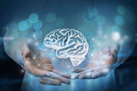 Medico se muestra en las manos del cerebro sobre un fondo borroso.