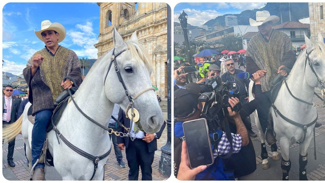 El senador del Centro Democrático, Alirio Barrera, y su caballo antes de ingresar al Congreso.