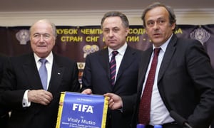 Then FIFA president Sepp Blatter, Russian Sports Minister Vitaly Mutko, who was the Russian Football Union president in 2005-2009, and then UEFA president Michel Platini are seen in Moscow. Former FIFA officials Sepp Blatter and Michel Platini will go on trial charged with fraud and other offenses in June, it was announced Tuesday, April 12, 2022. Switzerland’s federal criminal court says the trial will be heard before a panel of three judges on 11 days between June 8 and 22. (AP Photo, file)