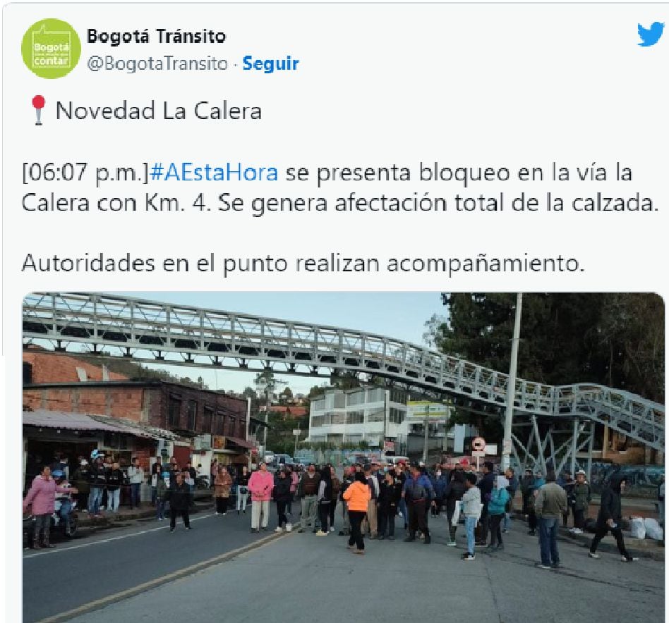 Twitter: Movilidad Bogotá sobre manifestaciones vía La Calera.