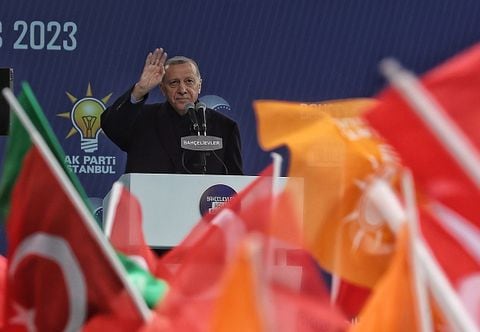 Recep Tayyip Erdogan habla en Bahcelievler antes de las elecciones presidenciales en Turquía.
